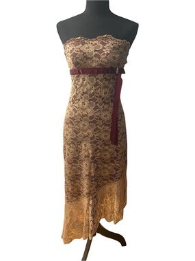 Strapless Lace Cocktail Dress with Ribbon Belt - Gold/Burgundy size 7 Vntg Y2K